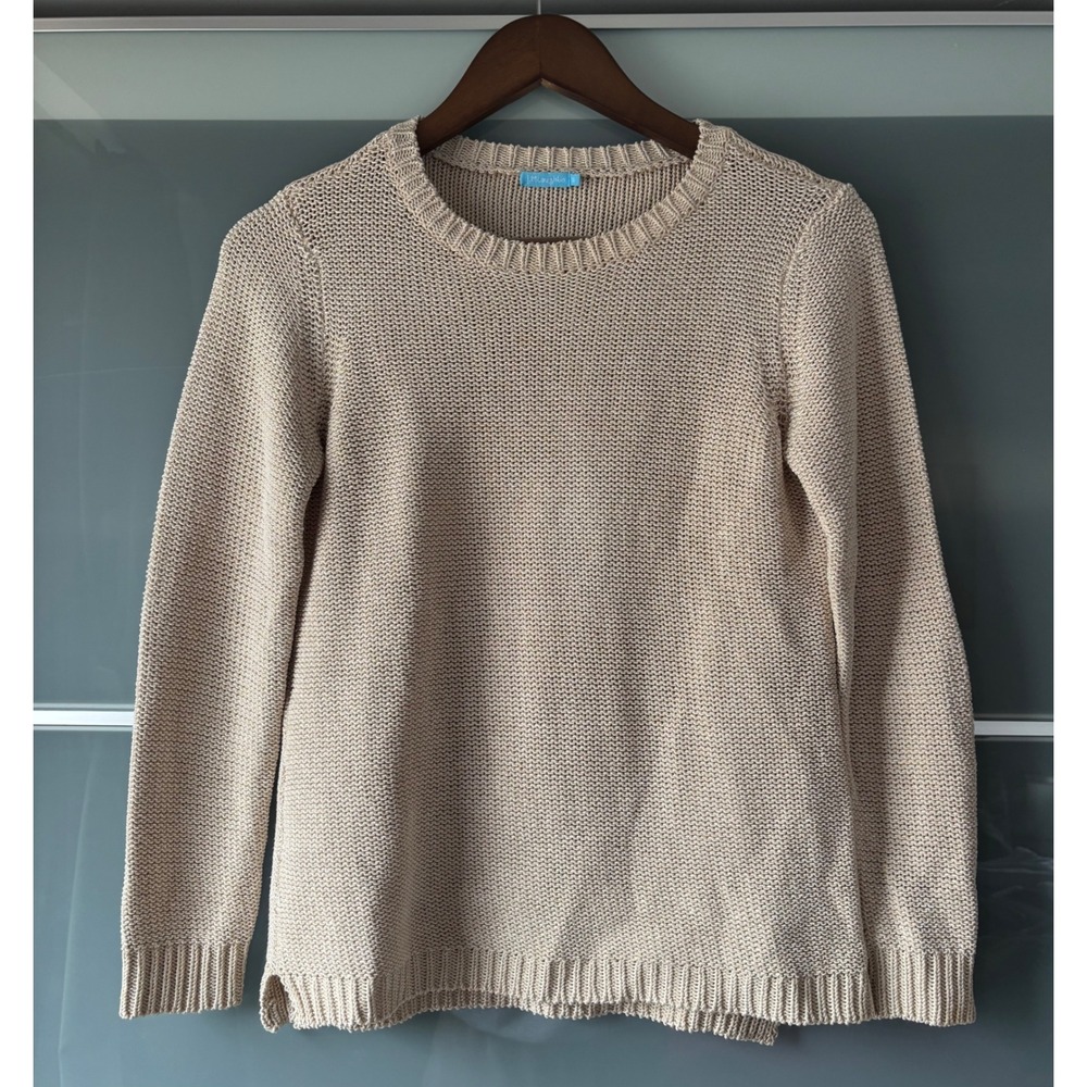 J.McLaughlin Women Small Tan Cotton Chunky Open Knit Crewneck Sweater Coastal